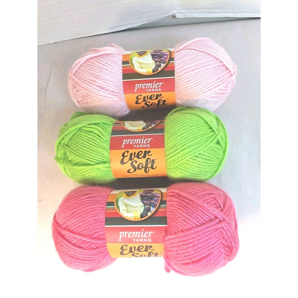 New 3 Skeins Yarn Ever Soft 158 Yards Each Bubble Gum, Lime, & Precious Pink
